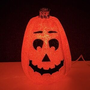 Seasons Lighted Pumpkin Melted Plastic Popcorn Jack O Lantern 12" Tall HTF Vtg